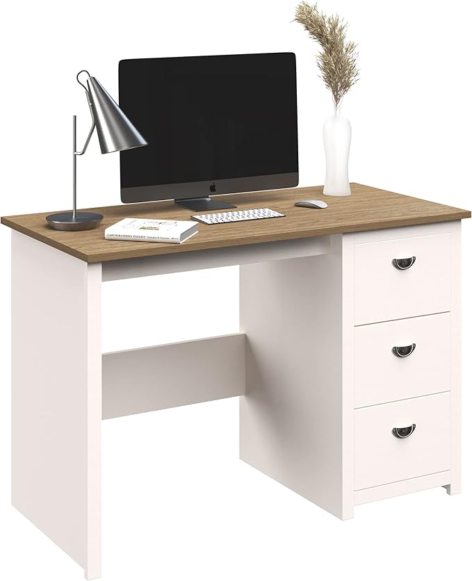 Computer Desk - Traditional Desk with Attached 3-Drawer File Cabinet - for Home Office, Bedroom, Computer, or Craft Table by Lavish Home (White)