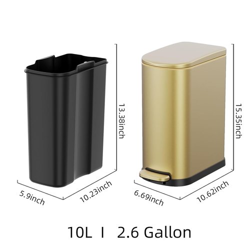 KSSKSS Slim Bathroom Trash Can - 2.6 Gallon Stainless Steel with Soft Close Foot Pedal | Gold Finish