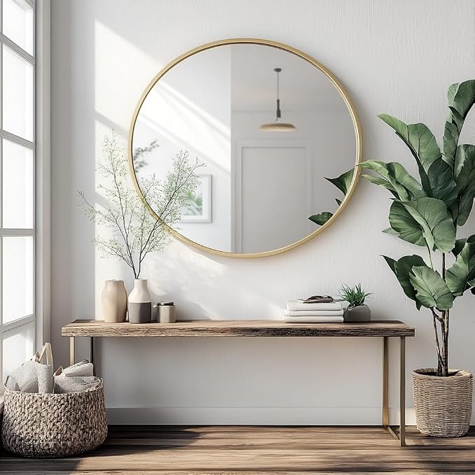 Oruii Gold Round Mirror, Golden Round Mirror 24 inch, Circle Wall Mirrors Metal Frame, Brass Circular Mirrors for Bathroom, Wall, Living Room, Entryway, Hallway, Vanity, Rustic