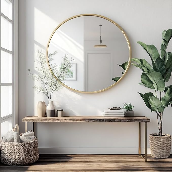 Oruii Gold Circle Mirror, 20 inch Round Mirror Metal Frame, Golden Bathroom Mirrors for Bedroom, Bathroom, Living Room, Over Sink, Rustic, Vanity