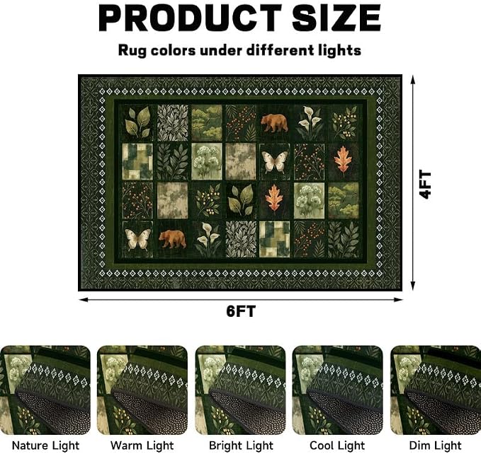 4'x6' Vintage Green Botanical Area Rug Non-Slip Washable Nature Patchwork Carpet Boho Floor Mat Rugs for Bedroom Living Room Nursery Kitchen Playroom Home Decor