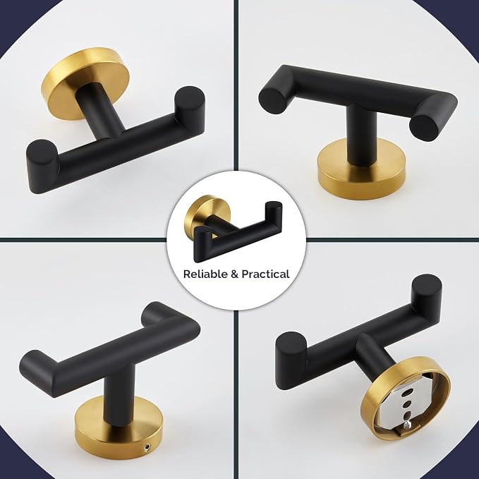 Angle Simple Towel Double Hook Black & Gold, 2 PCS Stainless Steel Bathroom Towel Holder, Dual Robe Coat Hook for Wall
