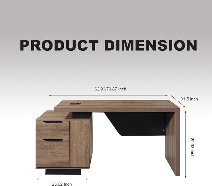 Modern Executive Desk, Rectangle Office Desk with Storage Cabinet, Width Adjustable Standing Desks, Stand Under Table Storage Organizer, Wood