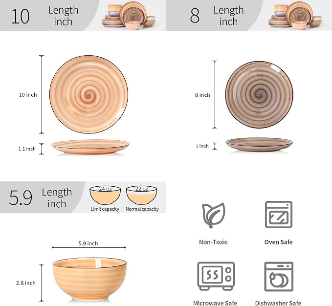 Selamica Ceramic Plates and Bowls Sets,18 Pieces Dinnerware Sets for 6,Dishwasher & Microwave Safe dish set,Family & Holiday Dining, Maillard