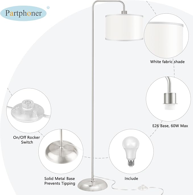 [Upgraded] LED Floor Lamp for Living Room, 3 Color Temperature Floor Lamp with Foot Switch Modern Standing Lamp Tall Pole Floor Reading Lamp for Bedroom, Study Room, Office, 9W Bulb Included, Silver