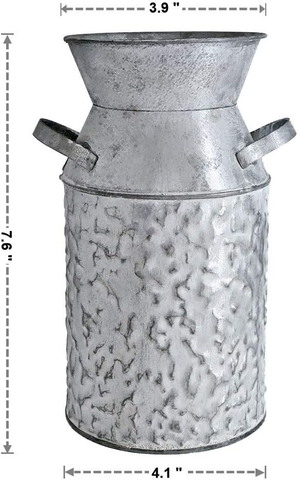 Galvanized Milk Can Antique Retro Vase Metal Planter Rustic Vintage Primitive Flower Holder Farmhouse Country Plant for Home Office Decor, 7.6”