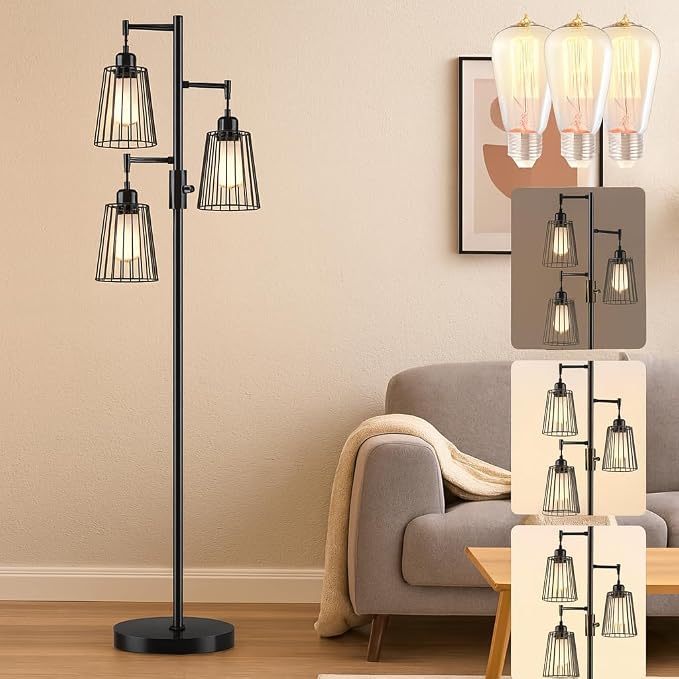 PESRAE Dimmable Industrial Floor Lamp, Farmhouse Floor Lamp Standing Lamp with 3 Elegant Teardrop Cage Heads & Included 3 x 1200LM Edison LED Bulbs, Tall Lamp for Living Room, Bedroom (Matte Black)