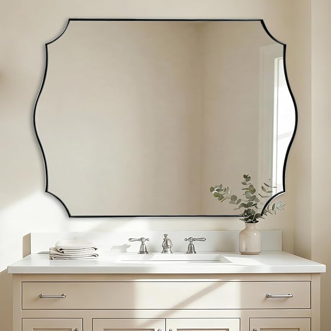 ANDY STAR 36x48 Inch Brushed Nickel Mirror, Silver Bathroom Mirrors for Vanity, Large Asymmetrical Mirror in Anti-Rust Stainless Steel Thin Frame, Elegant Curved Scallop Design, Ideal for Home Remodel