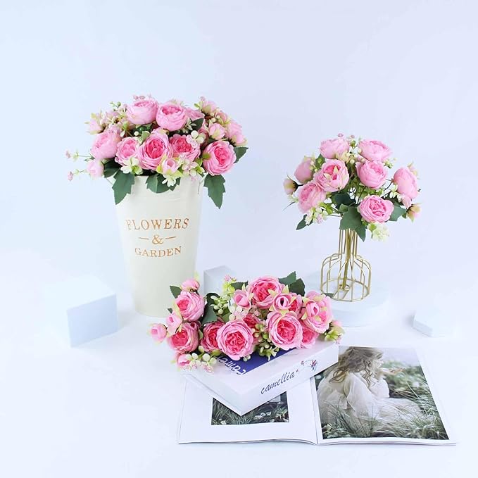 8 Bundles Peonies Artificial Flowers Silk Peonies Faux Flowers Fake Peonies Artificial Flowers Peonies Bouquet for Table Centerpieces Decoration Wedding Decor Home Party Decor (Dark Pink)