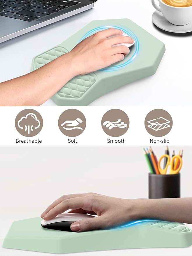 3-in-1 Ergonomic Keyboard Stand with Wrist Rest & Mouse Pad Set, Comfy Keyboard Riser Holder Soft Mousepad with Massage Design, Memory Foam and Non-Slip PU Base for Pain Relief, Light Green