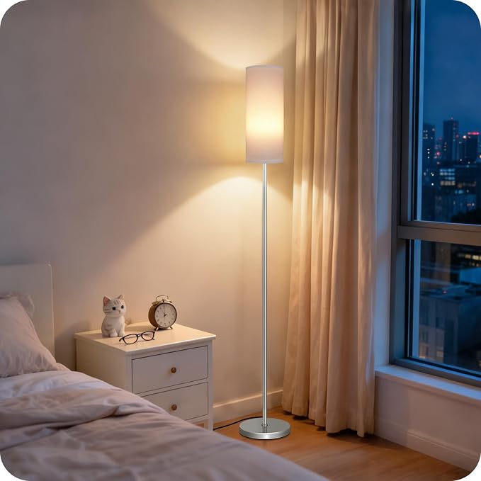 Dimmable Floor Lamps for Living Room with Remote and Foot Switch, 64.4” Modern Standing Tall Lamp, Corner Lamp for Bedroom, Office, Bulb Included, 3000K-6500K, White and Silver, FCC Listed SCW06LD05W1
