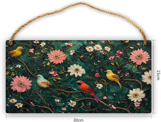 Retro Birds & Floral Scene Wooden Sign 12x6 Inch – Nostalgic Decors for Vintage Fans, Transform Gallery Wall & Great for Eclectic Interiors