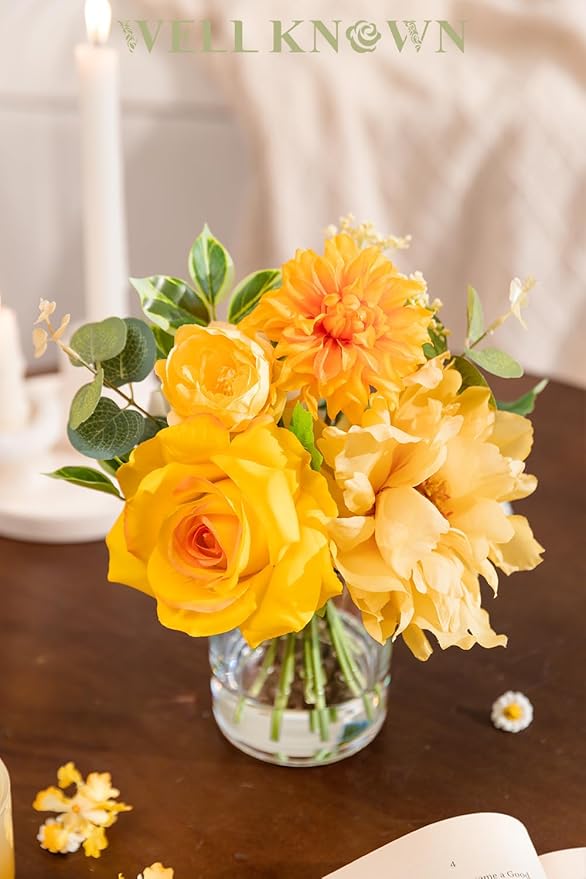 WELL KNOWN Artificial Flowers in Glass Vase with Fake Water, Silk Peony Rose Flower Bouquet for Home Dinning Tea Table, Office Desktop, Hotel, Wedding, Party, Lavatory Decor & Gift (Yellow & Orange)