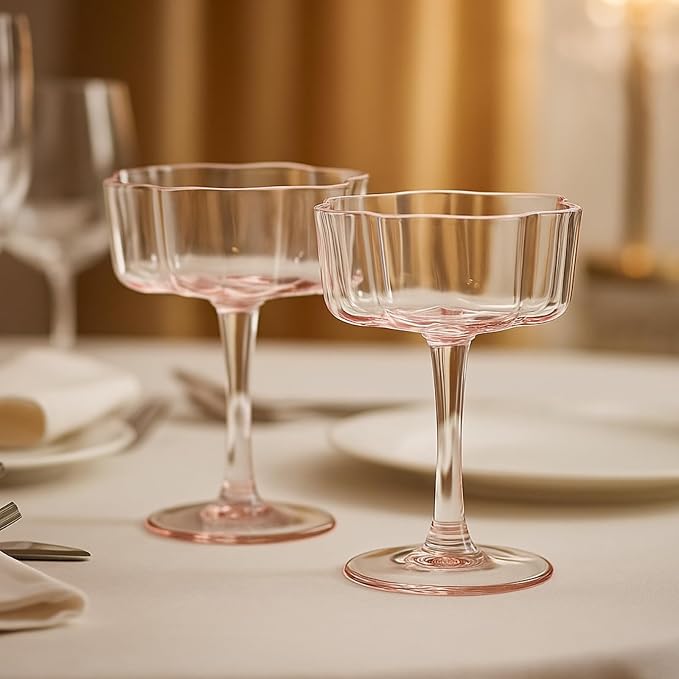 Khen Flower Vintage Wavy Petals Wave Glass Coupes 7oz Colorful Martini, Champagne & Cocktails - 2 Set - Rippled & Champagne Glasses, Bar Glassware Copyright Design (Pink)