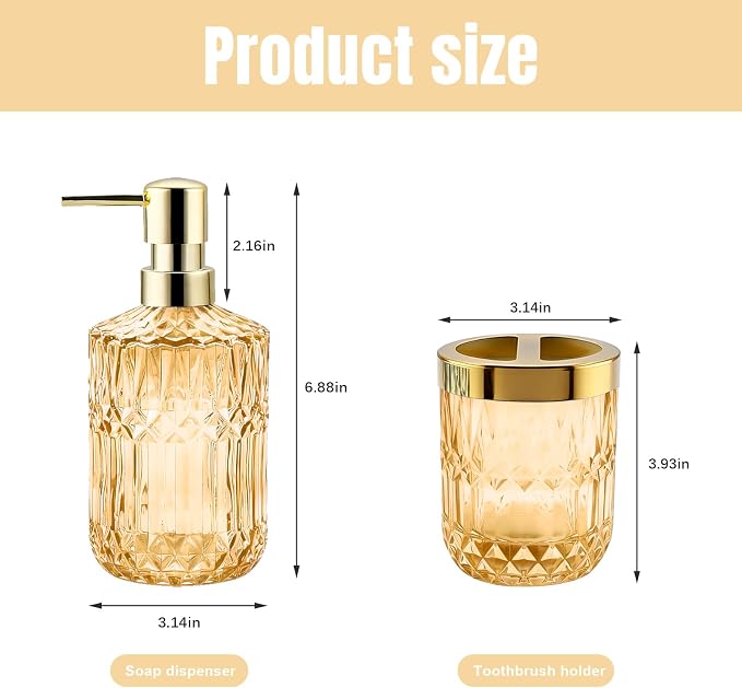 2Pcs Golden Bathroom Accessories Set, Glass Bathroom Accessories, Vintage Bathroom Countertop Decoration Includes Soap Dispenser, Toothbrush Holder