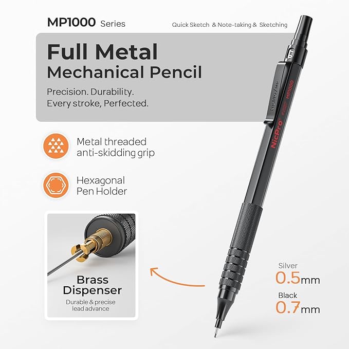 Nicpro 2 PCS Mechanical Pencils 0.5mm & 0.7 mm with Case, MP1000 Metal Artist Pencil Set with 4 Tubes HB Lead Refills, 2 Erasers, 9 Eraser Refills For Art Writing Drafting Drawing, Black & Silver