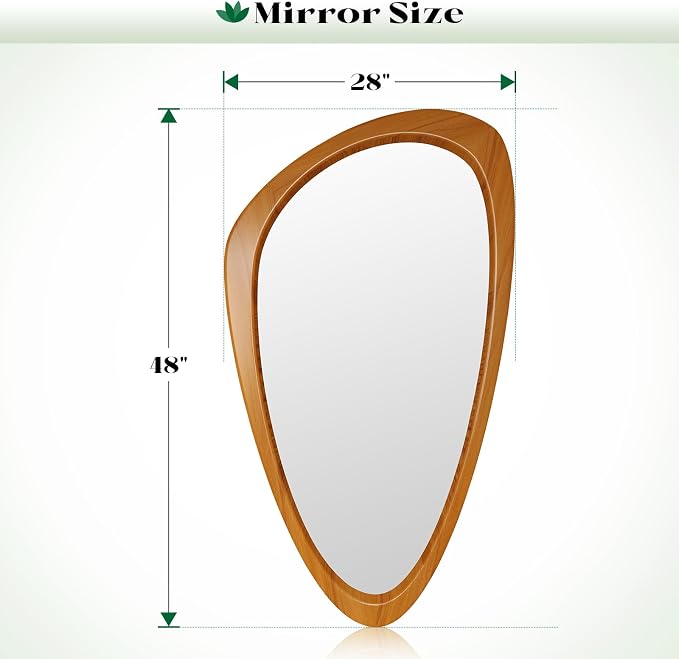 Mid Century Modern Mirror, 28x48 Inch Irregular Wall Mirror, Asymmetrical Wall Mirrors with Pine Wooden Frame for Living Room Bedroom Bathroom Entryway Hangs Horizontally or Vertically