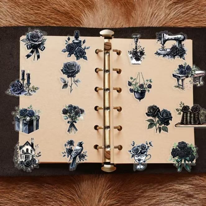 Skiennix Gothic Transparent Stickers - 50 Pcs Black Rose Flower Pack for Scrapbooking & Journaling