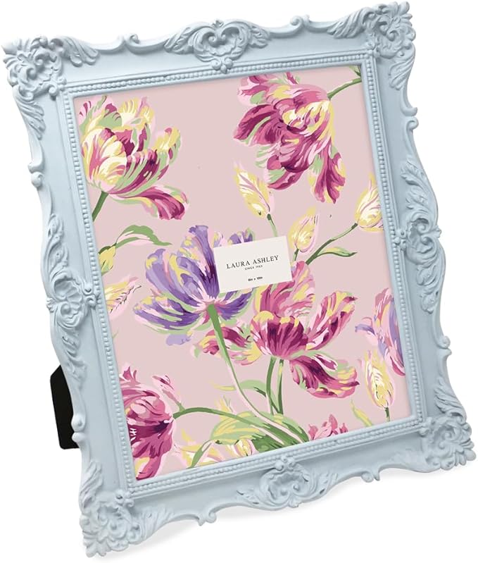 Laura Ashley 8x10 Powder Blue Ornate Textured Hand-Crafted Resin Picture Frame w/Easel & Hook for Tabletop & Wall Display, Decorative Floral Design Home Décor, Photo Gallery, Art (8x10, Powder Blue)
