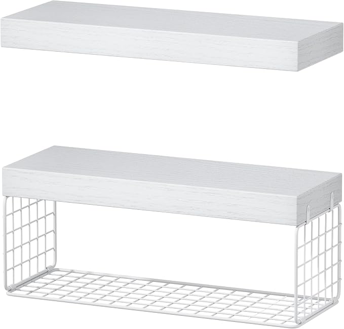 QEEIG White Bathroom Shelves Over Toilet - Wall Mounted Floating Shelves Farmhouse Shelf Toilet Paper Storage Small 16 inch Set of 2 (019-W2)