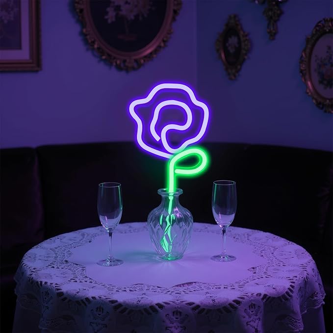 Neon Purple Rose Sign - purple rose Flower with Green Stem Neon Light USB or 3-AA Battery Powered for Girls Room Birthday Party Wedding Lighted Flower Wall Decor (Purple)