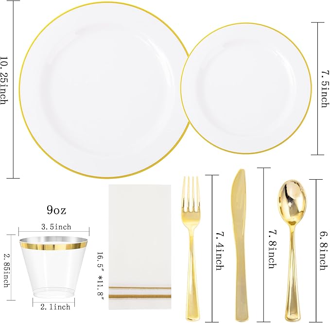 SUT 350 PCS Elegant White and Gold Disposable Dinnerware Set - Premium Dinner & Salad Plates, Cups, Napkins & Cutlery for 50 Guests - All-Inclusive Party Plastic Plates