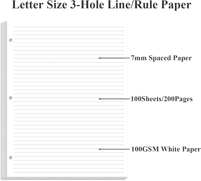 (3-Pack) 3-Hole Line Paper Refills, Letter Size Loose-Leaf Paper, 300 Sheets/600 Pages, 100gsm White Paper, 8.5'' x 11''
