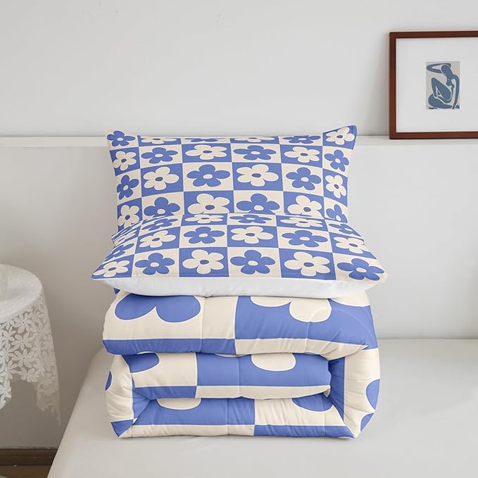 Castle Fairy Kids Cute Flowers Plaid Bedding Comforters King Size,Blue and Cream Floral Checked Comforter Set for Children Xmas Gift,Fashion Geometric Style Quilt Set Bedroom Decor, 2 Pillowcases
