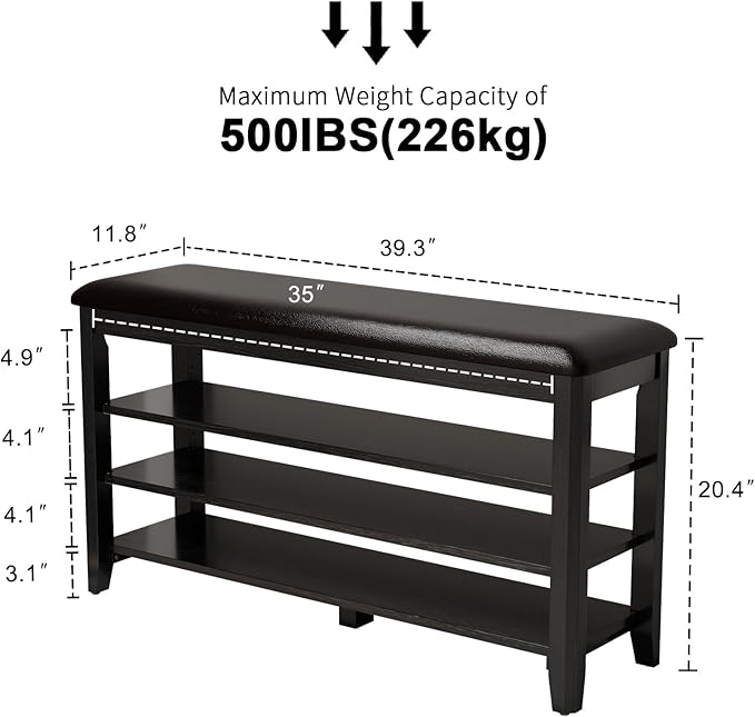 AQIMUELE Shoe Bench with Leather Cushion, 3 Tiers Shoe Storage Bench Height Adjustable, Walnut Wood Entryway Bench for Hallway, Mudroom