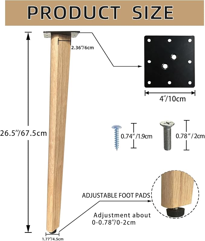 QLLY 26 inch Solid Wood Table Legs, Natural Varnished Wooden Desk Legs with Adjustable Leveling Feet, Set of 4, Heavy Duty Replacement Legs for for DIY Dining Table, Office Desk, Farmhouse Furniture