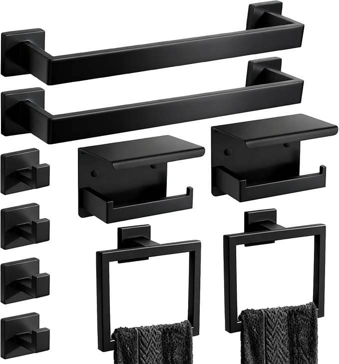 Matte Black Bathroom Hardware Accessories Set, Stainless Steel Towel Racks for Bathroom, 16 Inch Towel Bar, Towel Holders, Updated Toilet Paper Holder with Shelf Wall Mounted(10-Pieces)