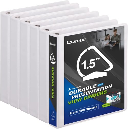 Comix 1.5-Inch D-Ring Binders - Sturdy 3-Ring Binders with Clear View Cover | Holds 350 Sheets, 6 Packs (White)