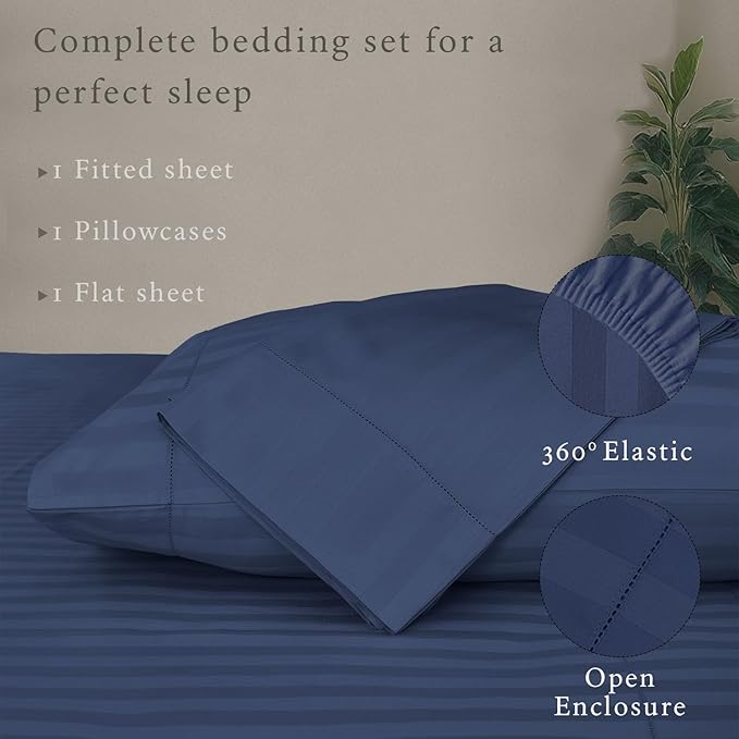 Threadmill 500 Thread Count Twin Size Damask Stripe, 3 Pc Luxury Cotton Bedding Set, Breathable Folkstone Blue Sheets with 15" Elasticized Deep Pocket, 1 Pillowcase & Free Tote Bag