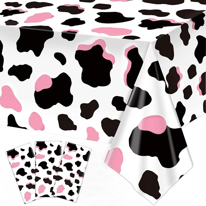 3 Pack Pink Cow Print Tablecloth - Cow Birthday Party Table Cloth Cow Print Table Cover for Disco Pink Cowgirl Birthday Decorations Supplies, 108 x 54 Inch