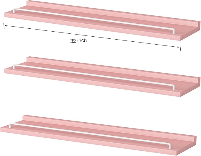 RYOFOBETTO 32 inches Long Floating Shelves, Bathroom Decor Shelves Over Toilet, Farmhouse Wall Shelves for Living Room, Bedroom, Picture Frames, Plants, Kitchen, Set of 3 (Pink and White)
