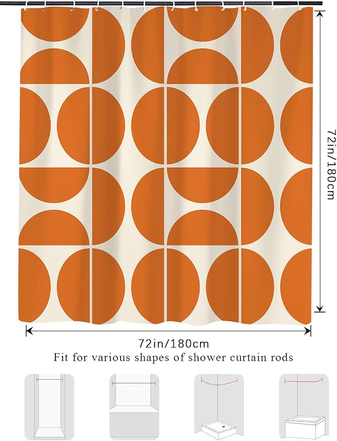 Orange Mid Century Modern Shower Curtain, Boho Abstract Geometric Retro Art Bath Curtains For Bathroom, Colorful Unique Pattern Waterproof Polyester Fabric Bathroom Accessories Set 12 Hooks 60X72IN