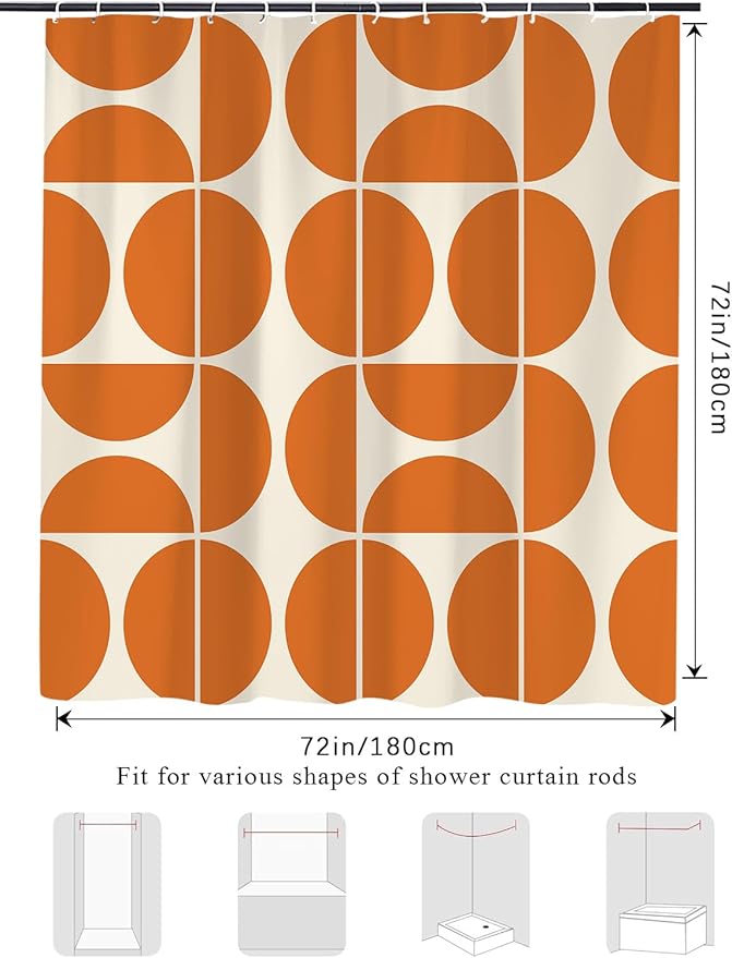 Orange Mid Century Modern Shower Curtain, Boho Abstract Geometric Retro Art Bath Curtains For Bathroom, Colorful Unique Pattern Waterproof Polyester Fabric Bathroom Accessories Set 12 Hooks 72X84IN