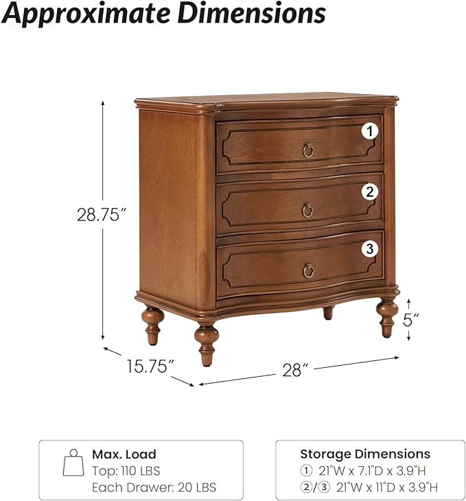 HULALA HOME Traditional Side Table with 3 Drawers, Tall Side Table with Curved Front Profle Desgin, Charging Station, Solid Wood Legs, Walnut
