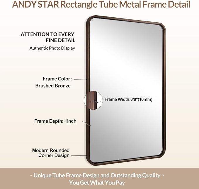 ANDY STAR Bronze Bathroom Mirror 30X40, Large Brushed Bronze Mirror for Wall, Rounded Rectangle Mirror Oil Rubbed Bronze, Bronze Vanity Mirrors in Metal Frame Hangs Horizontal Or Vertical