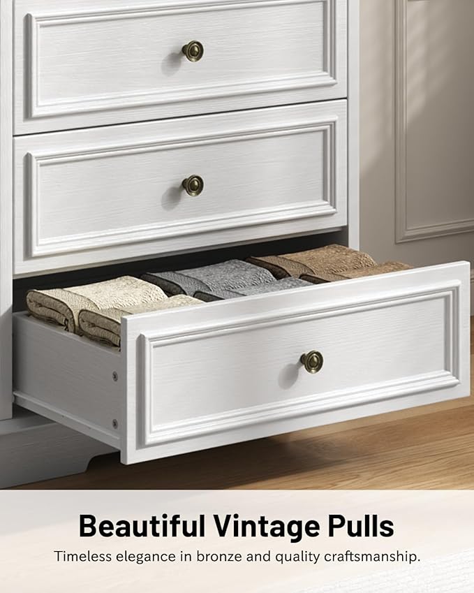 White Dresser for Bedroom, 44" Tall 5 Drawer Dresser, Wooden Chest of Drawers with Large Storage, Vertical Dressers for Closet, Living Room, Hallway