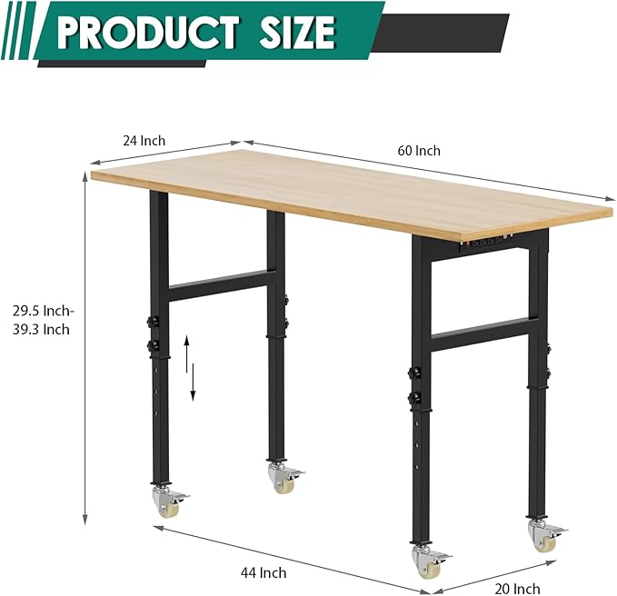 Adjustable Heavy Duty Workbench with Metal Wheels,Rubber Wood Top Working Table, 2500 LBS Load Capacity with for Workshop and Office,etc.