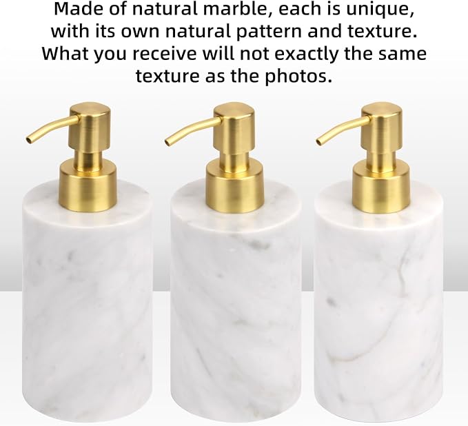 Natural Marble Soap Dispenser for Bathroom and Kitchen Countertop - 5.41 Ounces Hand Lotion and Liquid Stone Shampoo Laundry Bottle with Pump (1, Carrara White, Cylindrical Bottle)