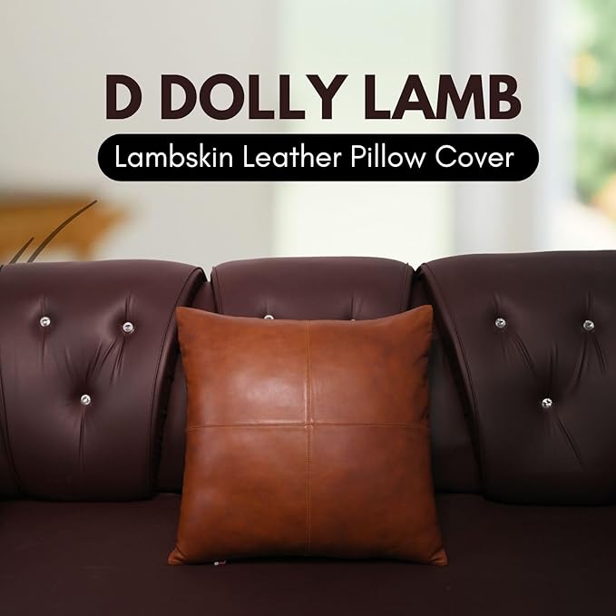 D DOLLY LAMB Lambskin Leather Pillow Cover - Sofa Cushion Case - Decorative Throw Covers for Living Room & Bedroom, 14x14 Inches - Mango Tan Antique Pack of 1