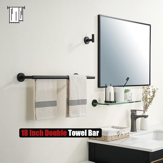 JQK Black Double Towel Bar, 20.5 Inch 304 Stainless Steel Thicken 0.8mm Towel Rack Bathroom, Towel Holder Matte Black Wall Mount, Useable Length 18 Inch, TB100L18-PB
