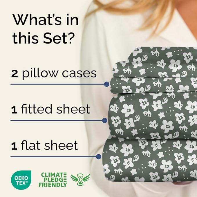 Floral Sheets - Green Floral Bed Sheet Set - 1 Flat, 1 Fitted & 2 Pillowcases w/ Deep Pockets - Comfy, Wrinkle & Fade Free - Boho Botanical Bedding - Ultra-Soft, Breathable & Cooling - King Size Set