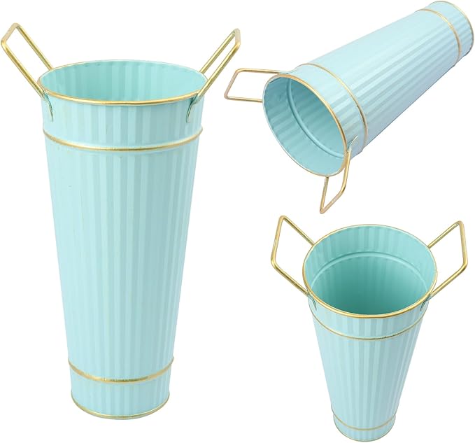 10 PCS 9 Inch Tall Galvanized Flower Buckets, Metal Flower Vase, Rustic Farmhouse French Flower Buckets with Handles for Wedding, Home Décor(Blue)