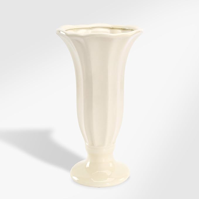 10 Inch Minimalist Fluted Ceramic Vase for Flowers, Farmhouse Cream White Flower Vase with Pedestal Base, Tall Decorative Vases for Home Decor, Living Room, Dining Table, Centerpiece, Wedding