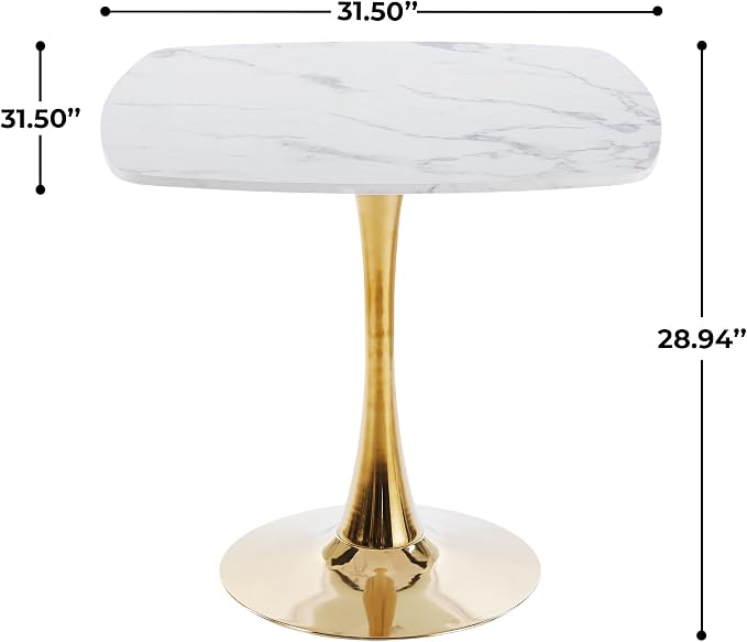 31.5 Inch Square Dining Table for 2 to 4 Person Mid Century Modern Tulip Table with Metal Pedestal Base Thick MDF Top for Apartment Kitchen Bistro Office, White and Golden