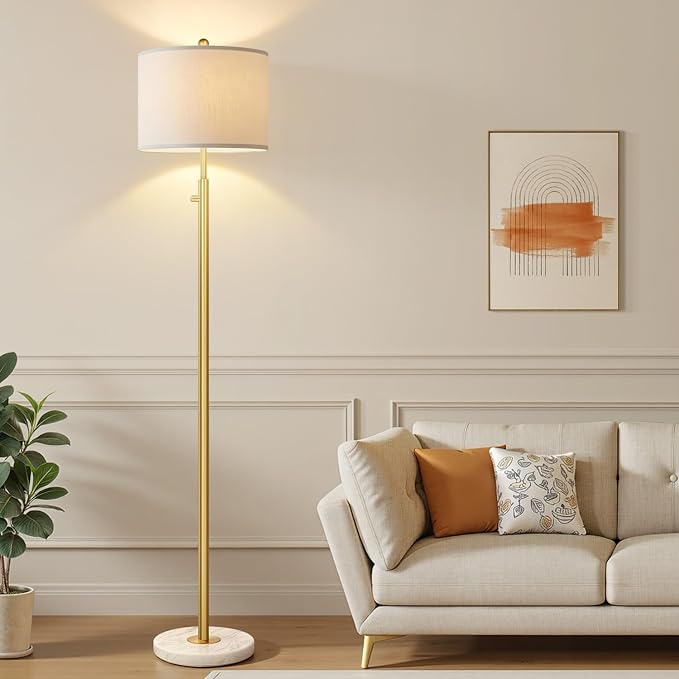 【Upgraded】Dimmable Gold Floor Lamps for Living Room, 11W LED Bulb Included, Modern Standing Lamp with Marble Base, Tall Pole Light with White Linen Shade for Bedroom Reading Office Corner Nursery