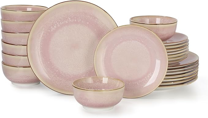 Sweejar 24 Piece Dinnerware Sets for 8, Porcelain Plates and Bowls Set for Kitchen, Housewaring Gift, Chip and Scratch Resistant, Easy Cleaning Dishes Set, Stack Compactly Dishware, Pink
